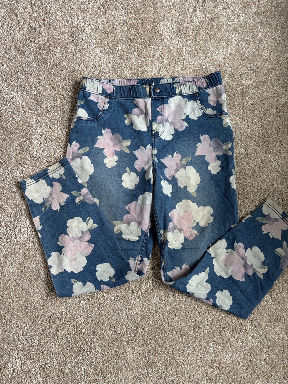 HUE Blue Floral Skinny Jeans with Pink & White Blooms